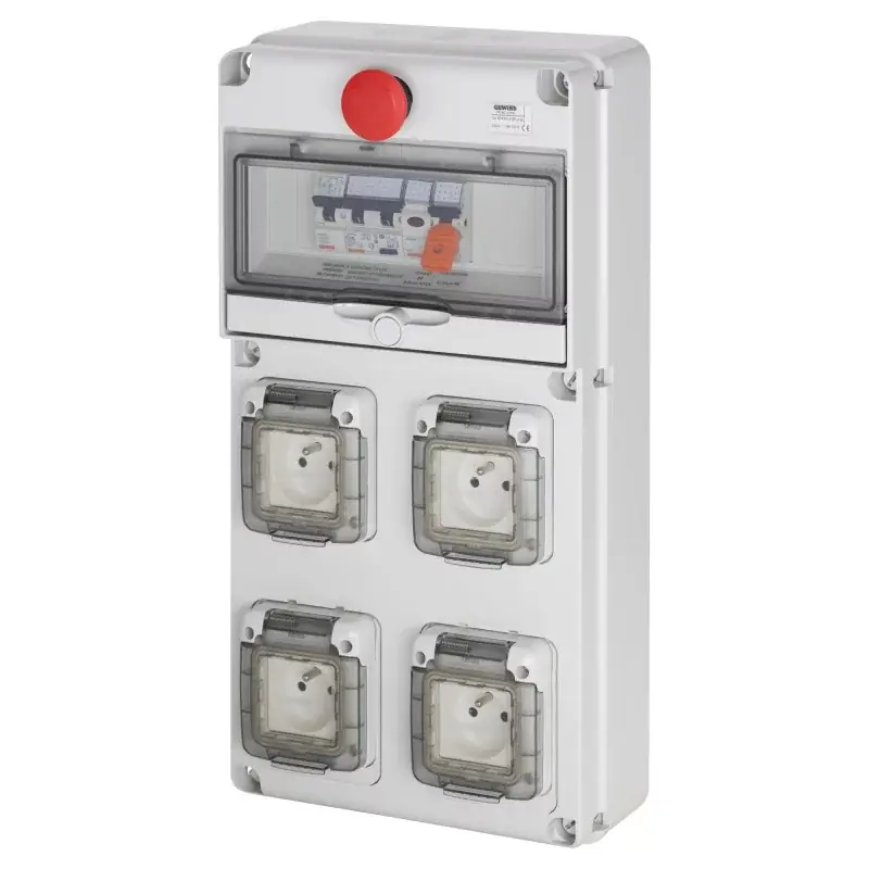 Coffret d&rsquo;alimentation provisoire Mono Q-DIN 10 16A – 4 prises – Avec arrêt d&rsquo;urgence Must-Have