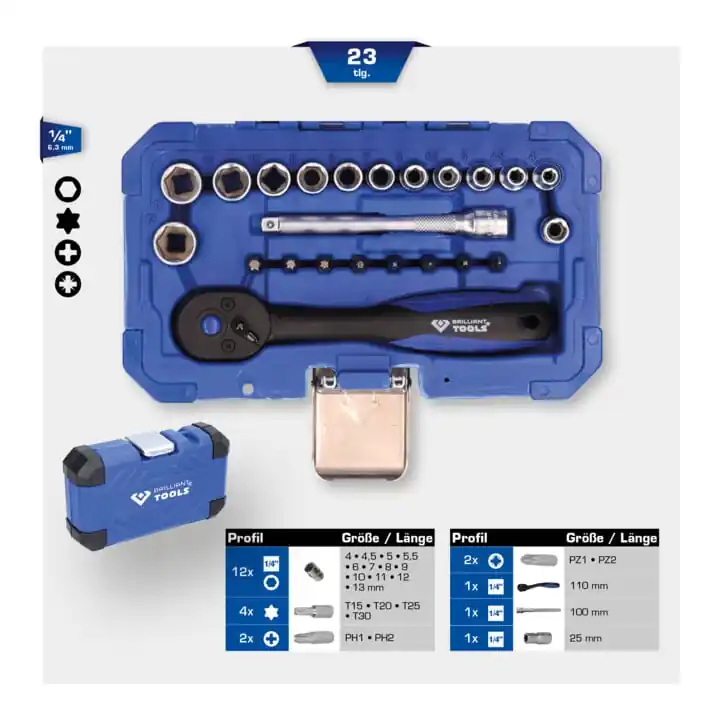 Brilliant Tools Jeu de clés à douille 1/4&Prime;, 23 pcs Promotion Saisonnière