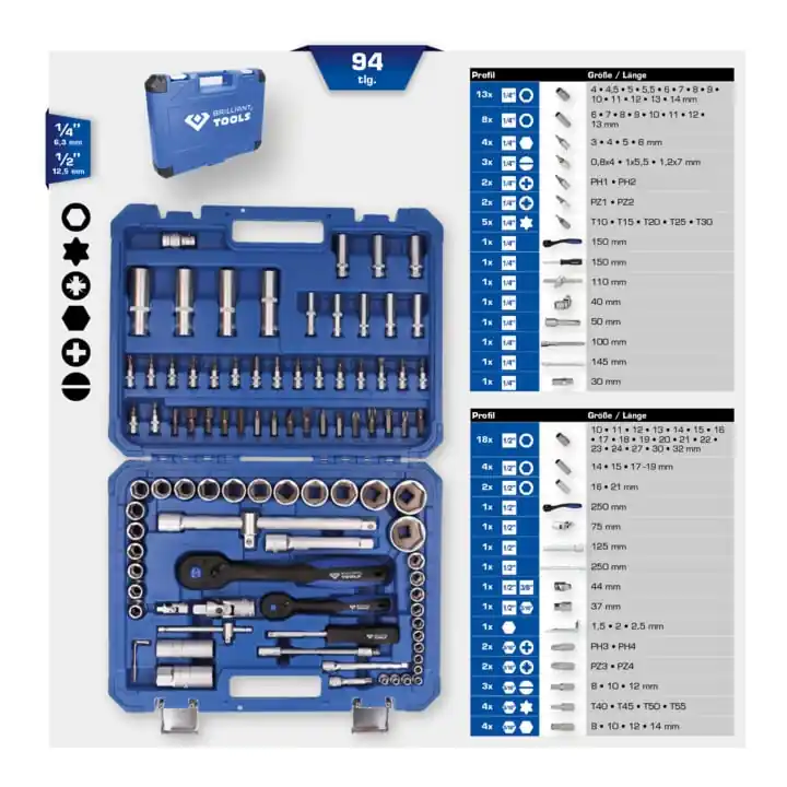 Brilliant Tools Jeu de clés à douille, 94 pcs, 1/4&Prime;, 1/2&Prime; Remise