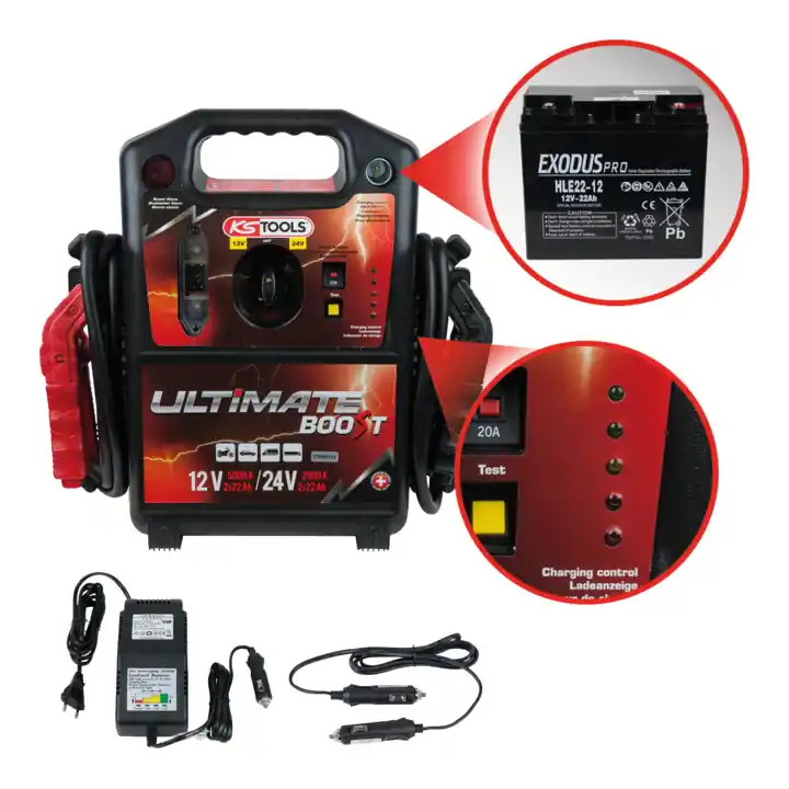 Marque KS Tools Booster de batterie 12 V et 24 V, outil mobile d'aide au démarrage 1700 A