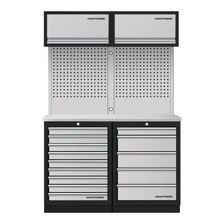 Marque Mobilier d'atelier Mobilio 2 éléments Kraftwerk 3964K-95K2IX, 5 & 9 tiroirs, unité murale, acier inoxydable
