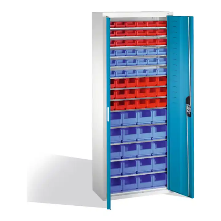 Acheter En Ligne Armoire à bacs C+P avec 74 bacs à bec, H1690xL700xP300mm Façade bleu clair Corps gris clair