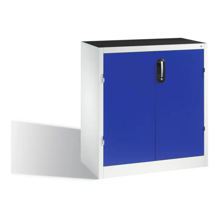 Armoire d'appoint à outils C+P avec portes battantes, 2 tablettes et 3 tiroirs, H1000xL930xP500mm Façade bleu gentiane Corps gris clair Tendance