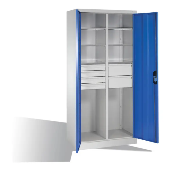 Armoire à outils C+P avec portes battantes, 6 tablettes, 6 tiroirs, H1950xL930xP500mm Façade bleu clair Corps gris clair Paiement Sécurisé