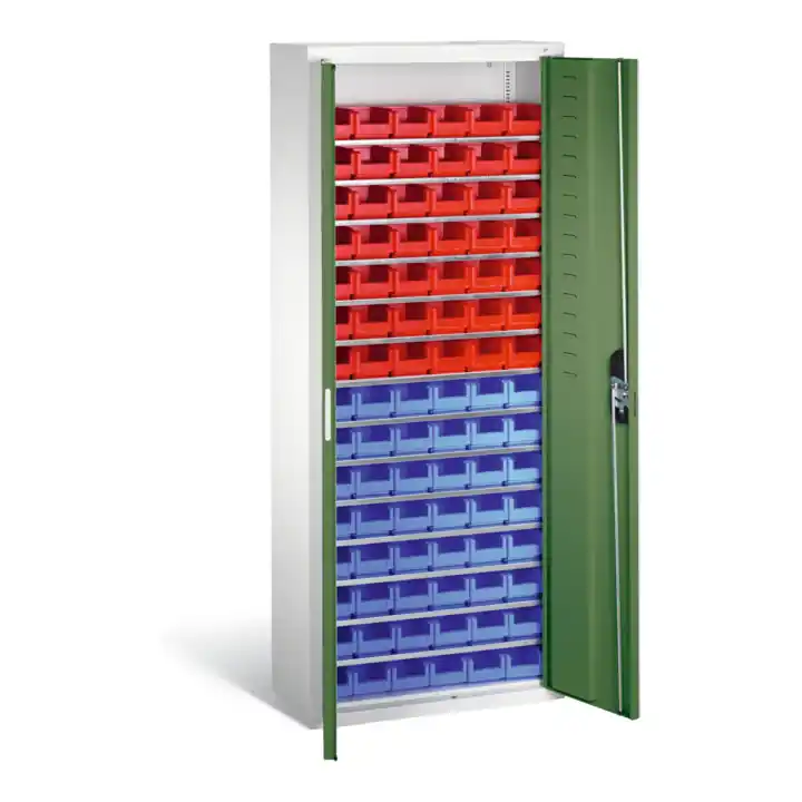 Soldes Armoire à bacs C+P avec 90 bacs à bec, H1690xL700xP300mm Façade vert réséda Corps gris clair