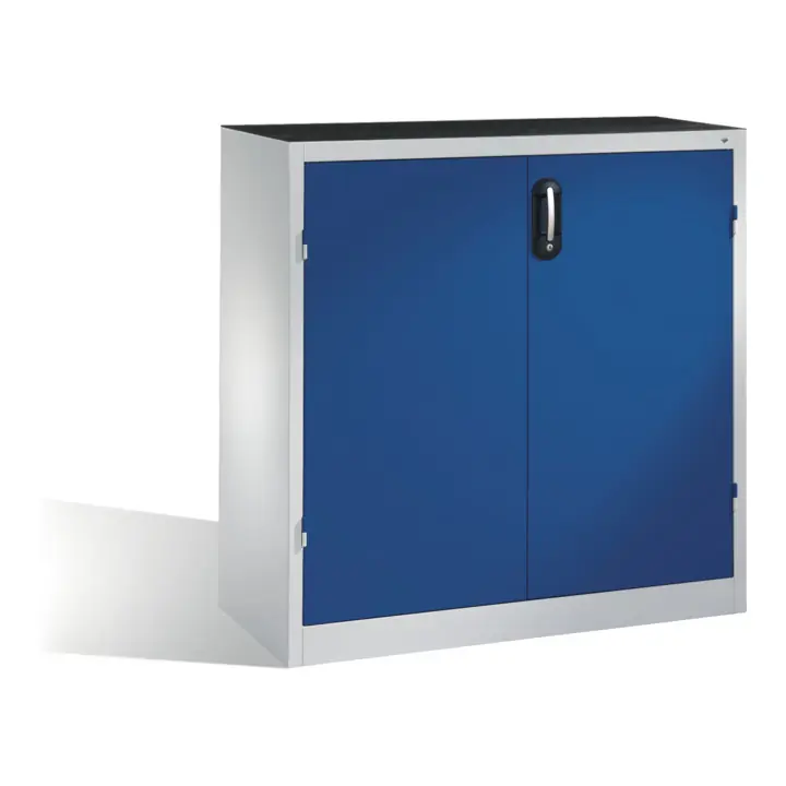 Nouvelle Collection Armoire d'appoint C+P pour charges lourdes avec portes battantes, intérieur 2 tablettes, H1200xL1200xP500mm Façade bleu gentiane Corps gris clair