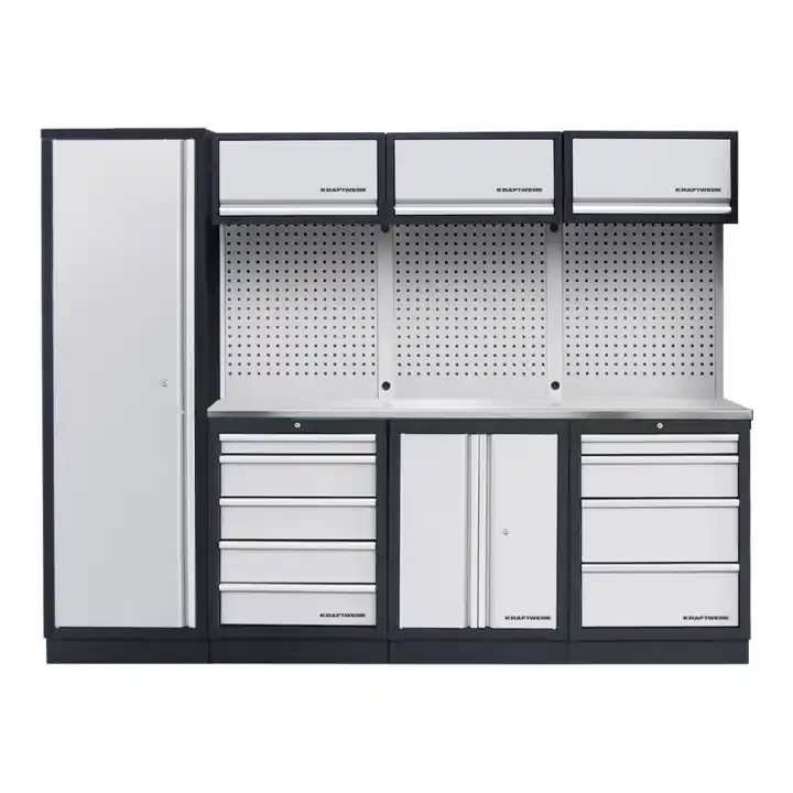 Satisfait Ou Remboursé Système d'armoire d'atelier à 4 éléments Kraftwerk en acier inoxydable à trous carrés de 2640 mm de long