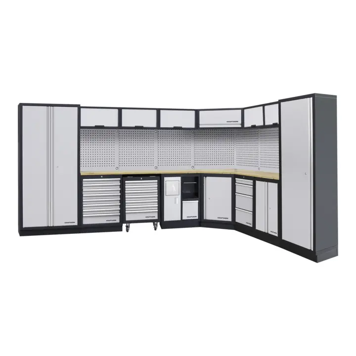 Commande En Gros Mobilier d'atelier Mobilio 8 éléments Kraftwerk, unité murale, paroi perforée à trous carrés, longueur 3819 mm 2824 mm, plan de travail multiplex