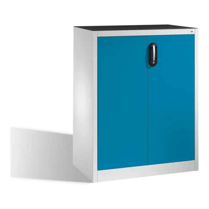 Armoire d'appoint à outils C+P avec portes battantes, intérieur 2 tablettes, H1200xL930xP500mm Façade bleu clair Corps gris clair Gros Lot