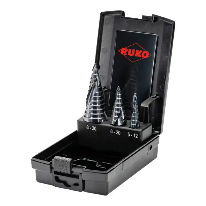 Jeu de forets étagés Ruko ULTIMATECUT avec pointe FLOWSTEP, HSS tailles 0/9, 1, 2 en cassette plastique ABS - 3 pcs. Offre Du Jour