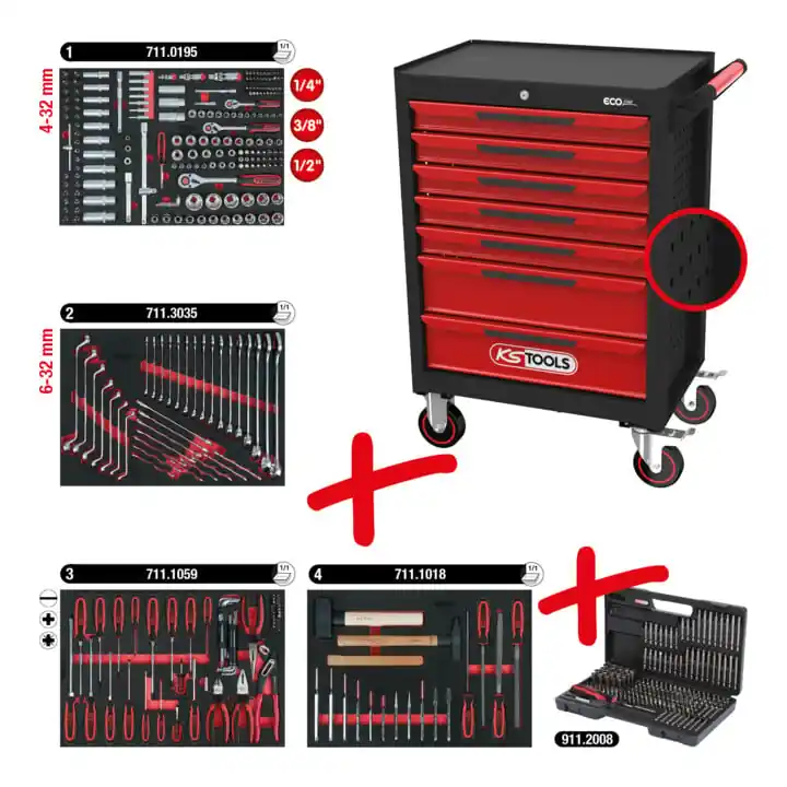 Servante d'atelier ECOline KS Tools NOIR/ROUGE avec 7 tiroirs et 515 outils d'excellente qualité Authentique