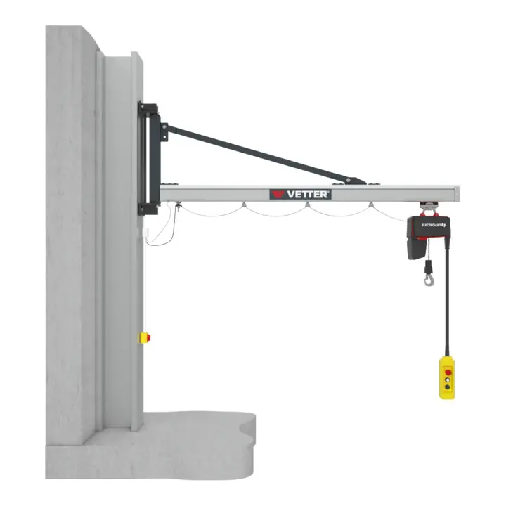 Grue pivotante murale Vetter UNILIFT Console de stockage standard Palan électrique à chaîne 80kg, 2,9m Satisfait Ou Remboursé