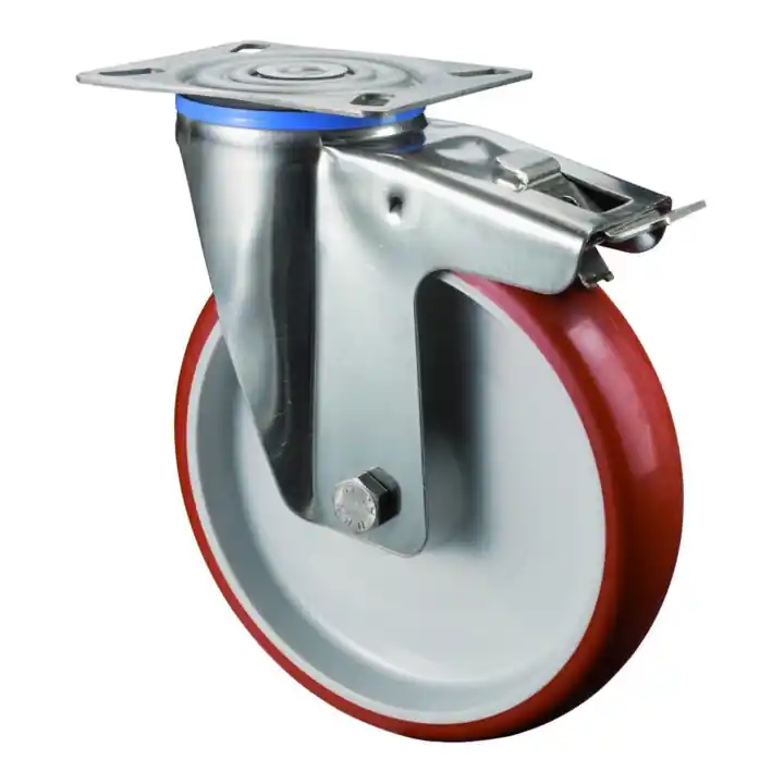 Livraison Gratuite BS Rollen Roulette pivotante avec frein total, roue Ø 200 mm, H120.L26, 200 kg, acier inoxydable