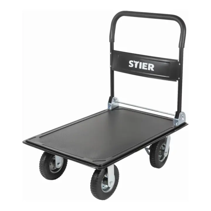 Chariot à plate-forme rabattable STIER, capacité de charge 350 kg, avec pneumatiques Original
