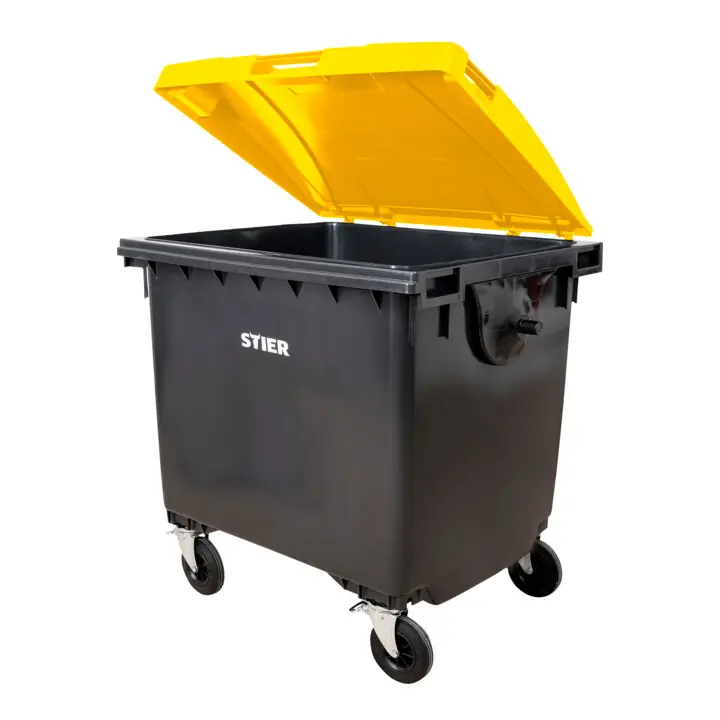 Dernier Modèle Conteneur à déchets à 4 roues STIER, 1 100 l, gris/jaune, couvercle plat, lxPxH 1 372x1 065x1 315 mm