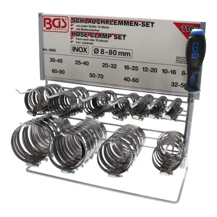 Assortiment de colliers inoxydable sur tableau 111 pièces BGS Commande En Gros